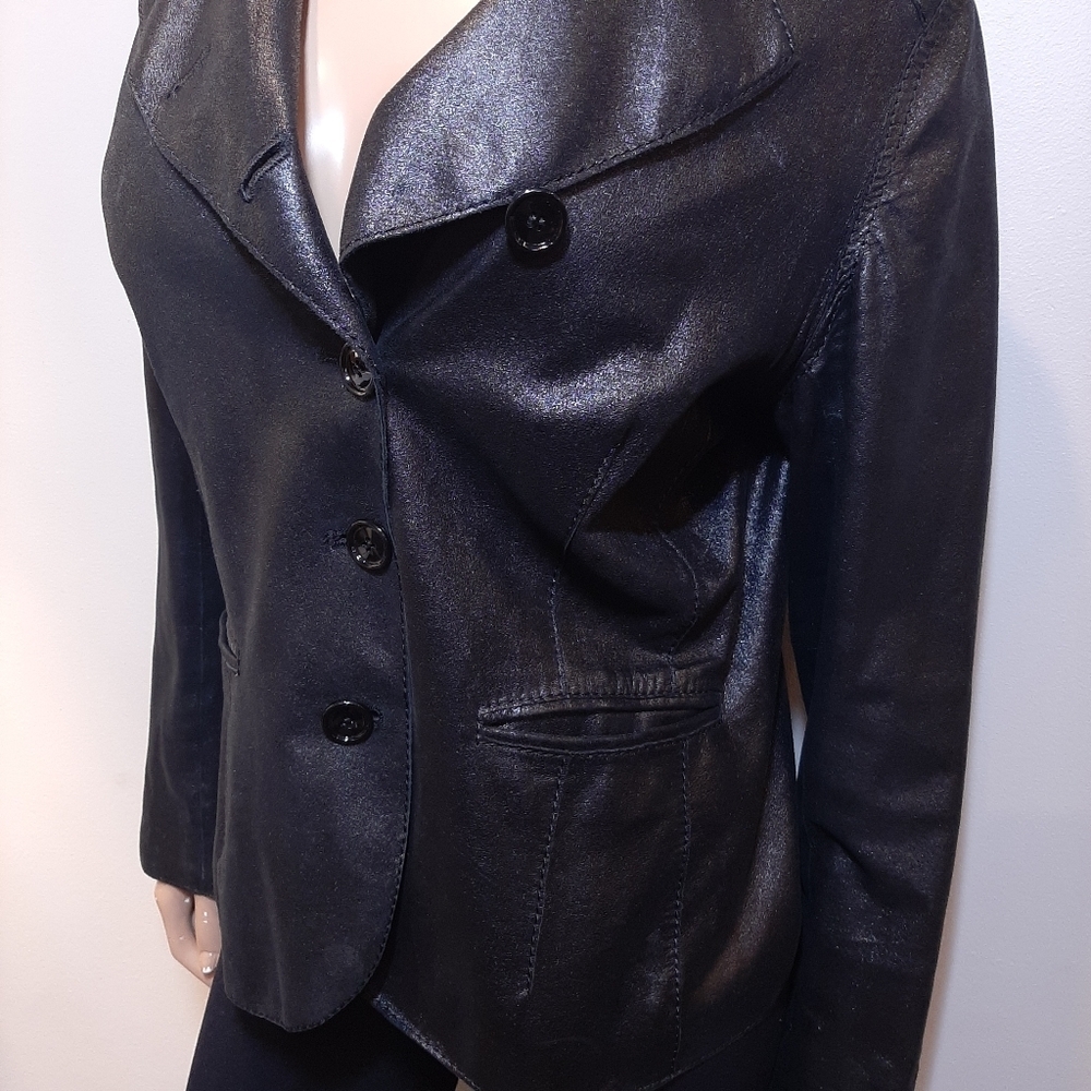 Anne Klein Coated Geniune Leather Jacket Moto Style Single Breasted Black Medium - Picture 5 of 15